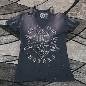 AFFLICTION AMERICAN CUSTOMS CUT-OUT ACID-WASH RHINESTONES V-NECK TEE-SHI…